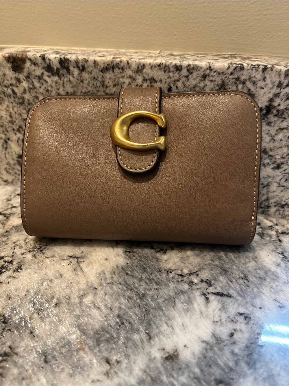 Coach Taupe/Brown Leather Wallet with Gold 'C' Accent